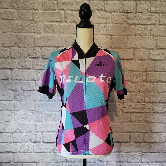 Miloto women's multi colored front zipper short sleeve cycling jersey size L - Picture 2 of 9